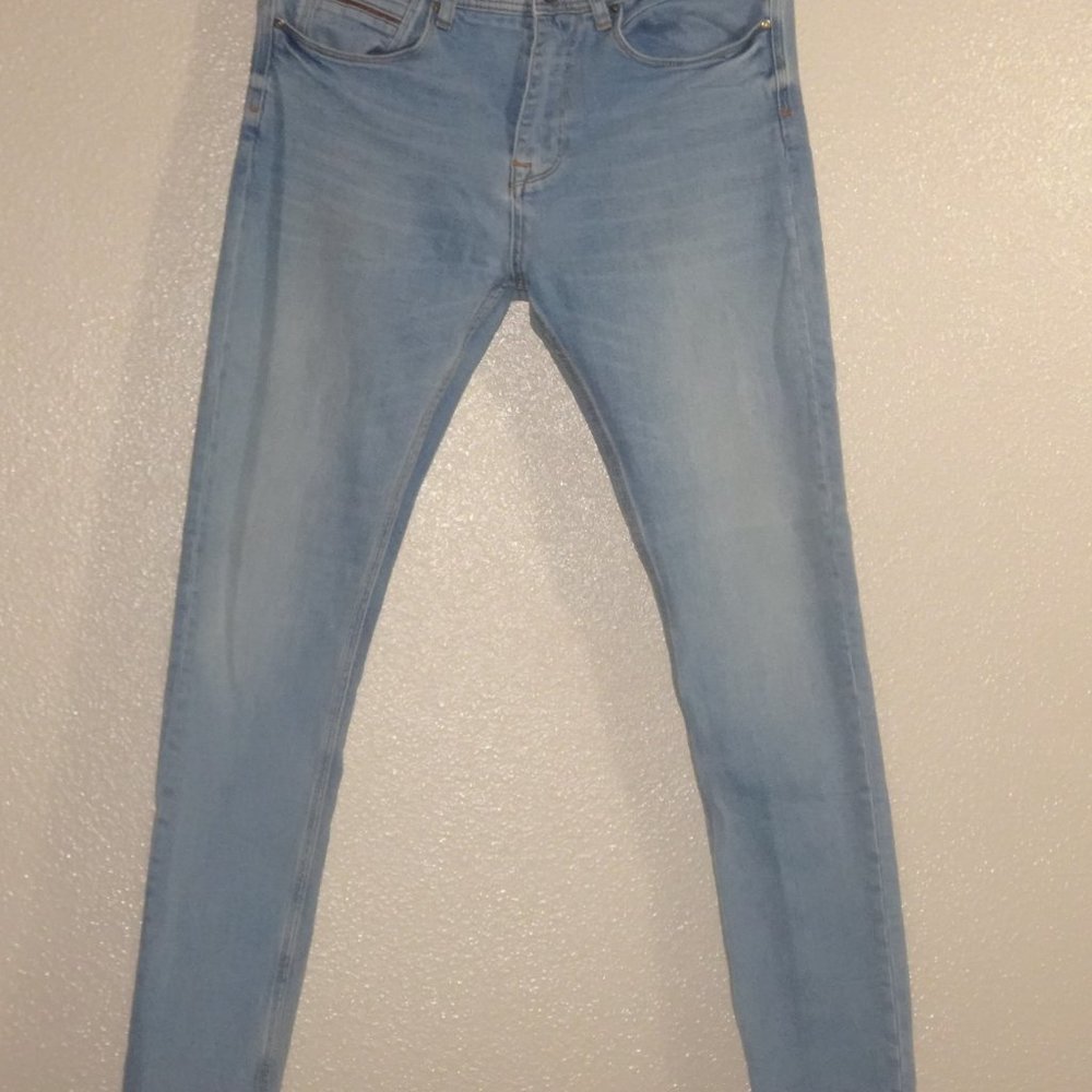 Zara Button Up Distressed Blue Denim Pants